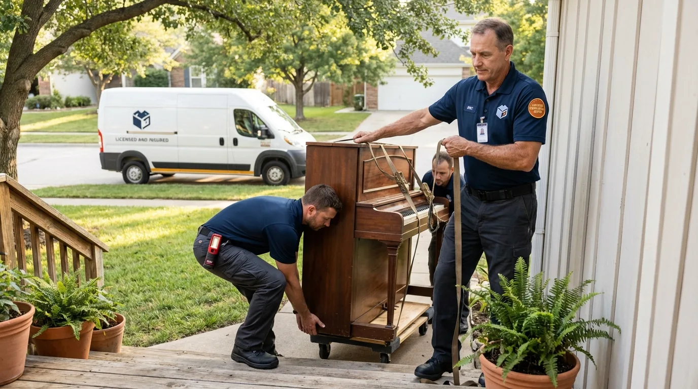 Licensed piano movers securing grand piano in Johnston, IA