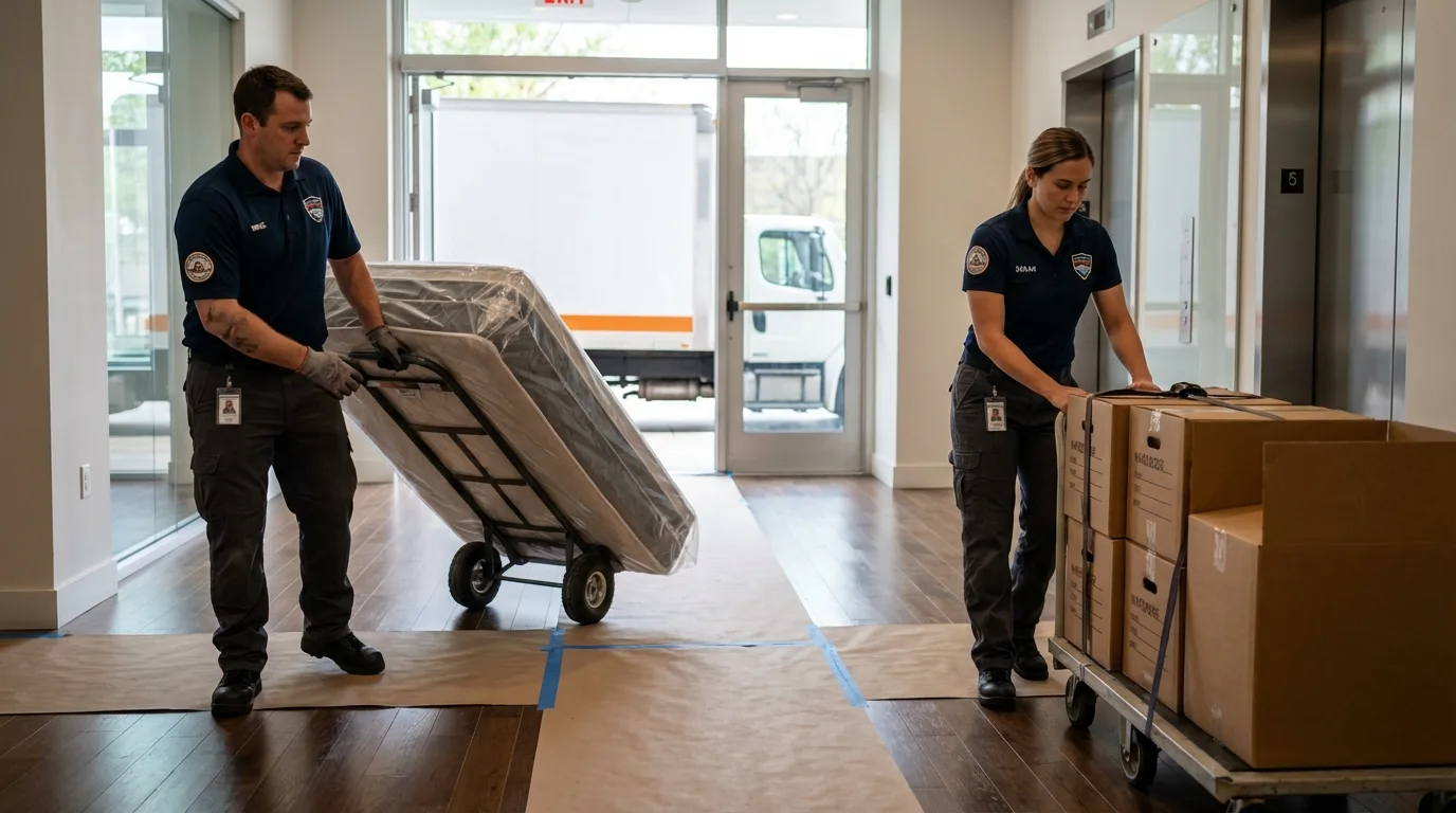Professional apartment movers loading elevator in Johnston, IA