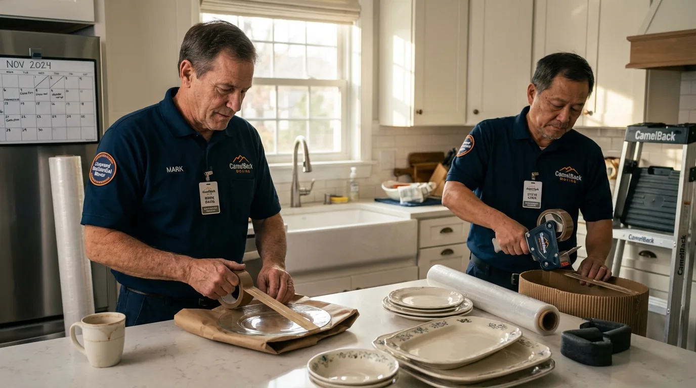 Professional crew packing kitchen dishware in Johnston, IA